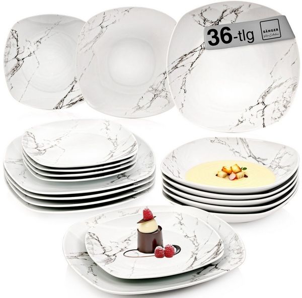 SÄNGER Tafelservice Kreta Geschirrset (36-tlg), 12 Personen, Steingut, Creme-Blau, Handmade, Erweiterbar, VALUE COLLECTION