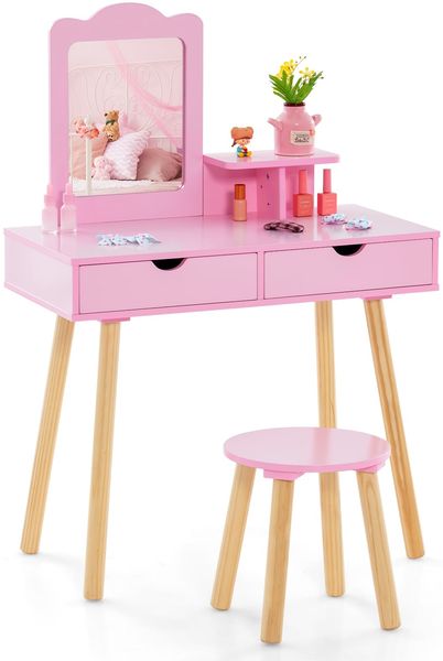 Kinder Schminktisch Set 2 in 1 Frisiertisch Schreibtisch & Hocker mit abnehmbarem Spiegel Hot Pink