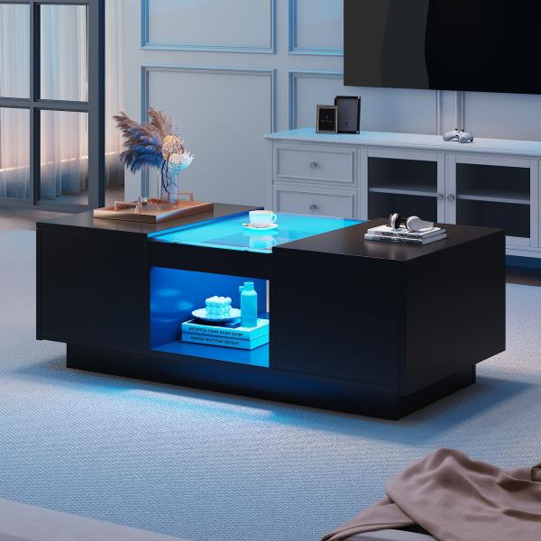 Merax Couchtisch inkl. APP mit 2 Schubladen, Beistelltisch mit Glasplatte, Wohnzimmertisch mit LED, Kaffeetisch, Schwarz