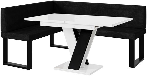 MEBLINI Eckbank für Esszimmer mit ausziehbarem Tisch - Küchenbank - Essecke - Sitzecke Küche - ERIC - U-Beine 128x168x87cm Links - Graphit Samt/M Weiß-Schwarz Hochgl.