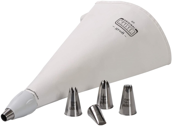 Kaiser | Spritzbeutel Set | 7-teilig | wiederverwendbarer Spritzbeutel | groß mit Tüllen | Adapter | 5 Spritztüllen | kochfest | Schneidehilfslinie