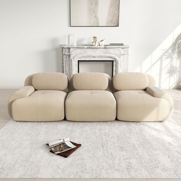 Ecksofa Beige aus Cordstoff, modulares rahmenloses Design mit geschwungenen Armlehnen,298x103x75 cm