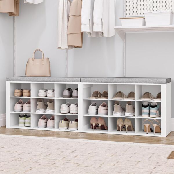 Schuhbank, Schuhregal mit Sitzfläche, Schuhschrank mit Sitzbank, 18 Fächern, Eingangsbank Verstellbaren Ablagen für Wohnzimmer, Schlafzimmer, Flur, Weiß