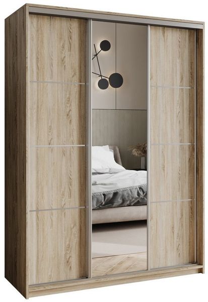 Masseno Schwebetürenschrank VARO 150 cm Kleiderschrank mit Spiegel 3 Türen Eiche Sonoma