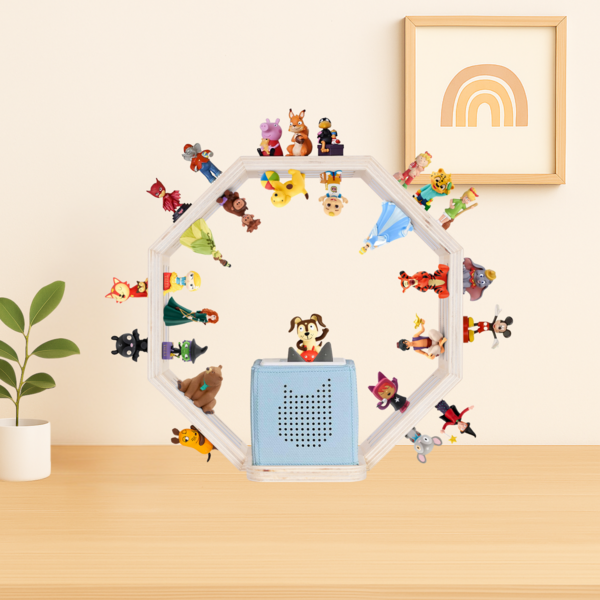 Todeco Tonie-Regal für Toniebox Hörfiguren, Magnetische Aufbewahrung für 60-70 Tonie, Wandregal und Schreibtischregal, Kinderregal für Mädchen & Jungen, Kleines Achteck