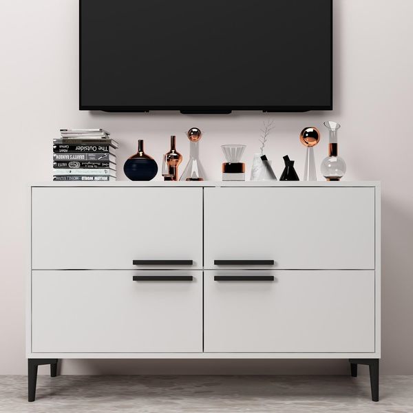 Hanah Home Modern White TV Stand, 120 x 75 x 30 cm | 100% Melamine Coated Particle Board, 18 mm Thick, PVC Legs | Stylish & Functional for Living Room
