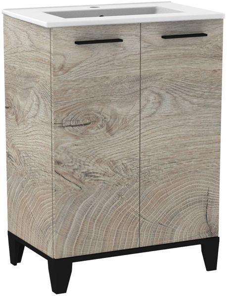 FACKELMANN TE-A Waschbecken mit Unterschrank 60 cm breit, Braun hell, Waschbecken Keramik Weiß, mit Füßen