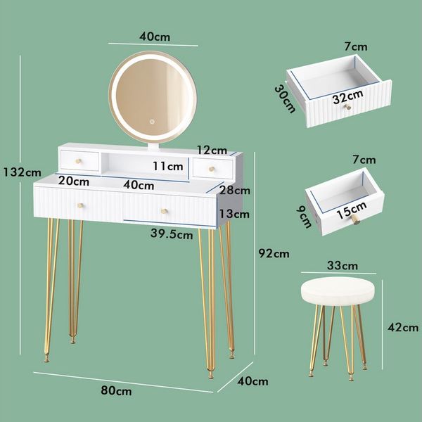 ALFORDSON Schminktisch Modernes LED-Schminktisch-Set Weiß & Gold (1-St, mit Spiegel, Schubladen und passendem Hocker), ideal für Schlafzimmer und kleine Wohnungen