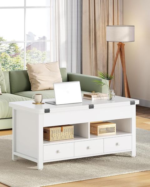 Couchtisch, höhenverstellbarer Wohnzimmertisch mit 3 Schubladen und 2 Fächer, 50 × 100 × 47 cm, Kaffeetisch Fach Umwandelbar in Esstisch, für Wohnzimmer, Homeoffice, Weiß