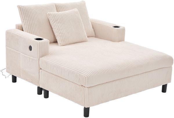 LVHOM Schlafsofa mit LED & USB, Cordstoff Palmensessel, Loungesofa mit Seitentaschen & Getränkehalter, 350kg Tragkraft, 128x85x142 cm, Beige