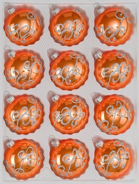 Navidacio Weihnachtsbaumkugel 12tlg. Glas-Weihnachtskugel Set "Hochglanz-Orange-Silberne-Ornamente"
