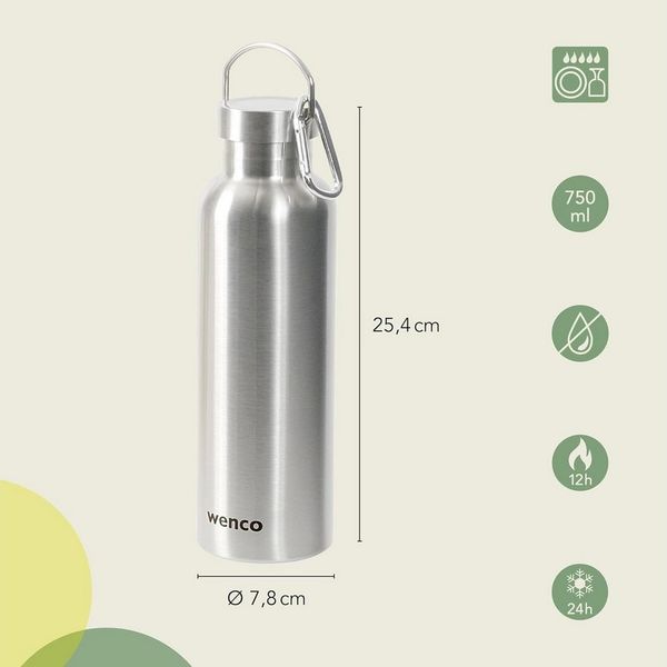 wenco Trinkflasche Edelstahl 0,75l / 750ml isoliert und auslaufsicher für kalte und heiße Getränke auch als Thermoskanne verwendbar – mit Teesieb – BPA frei – silber