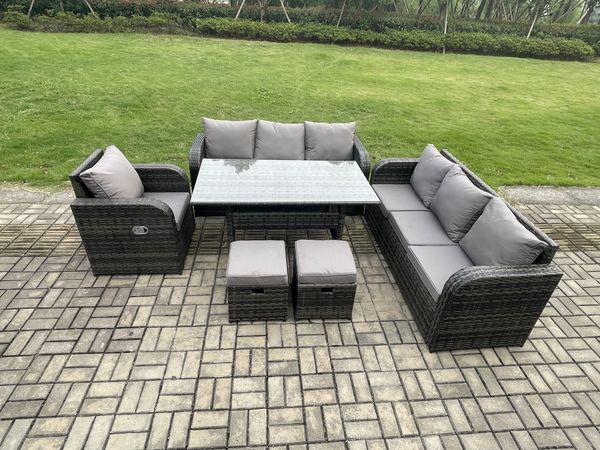 Fimous 9 Sitzer Rattan Garten Sofa Set Gartenmöbel Langer Rechteckiger Esstisch mit Sessel 2 kleine Fußhockern Dunkelgrau gemischt