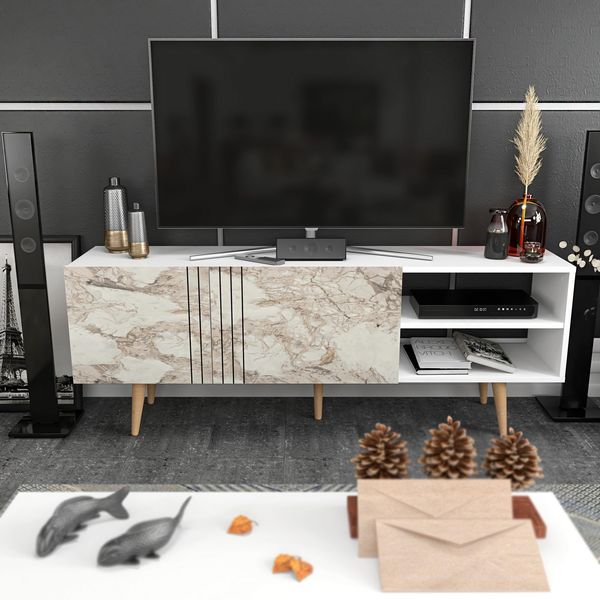 Hanah Home Modern TV Stand, White, 160 x 35 x 38.6 cm | 100% Melamine Coated Particle Board, 18 mm Thick | Sleek Design for Contemporary Living Rooms