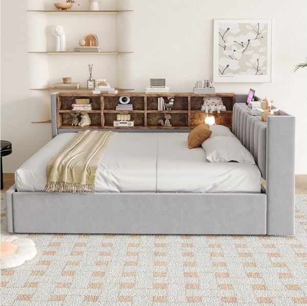OKWISH Schlafsofa Kinderbett, mit hydraulischem Stauraum, Nachtlicht, USB- & Typ-C-Ladeanschluss und Ablagen, Polsterbett, Gepolstertes Samtsofa 140x200 cm, Inklusive Matratze