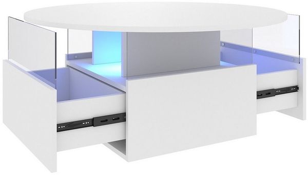 radelldar Couchtisch mit LED-Beleuchtung und 2 Schubladen, Wohnzimmertisch 80x40cm (1-St), Beistelltisch mit runder Platte und extra Ausstellungsfläche