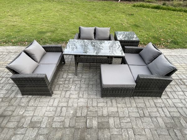Fimous 7 Sitzer Polyrattan Gartenmöbel Set Terrassen Set mit Esstisch Doppelsitzsofa Großer Fußhocker Beistelltisch