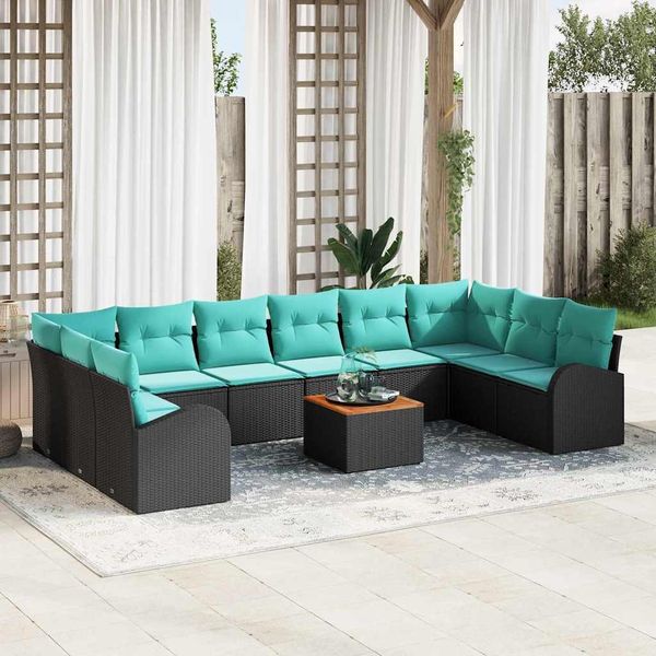 vidaXL Gartensofa-set 11 pcs Schwarz und Türkis Poly-Rattan 3356303