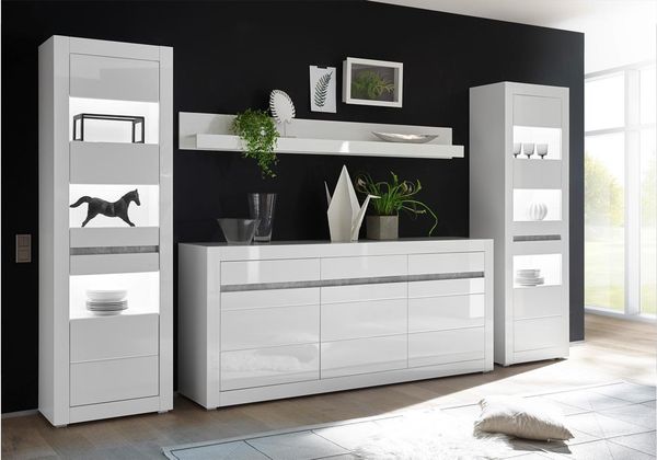 Wohnkombi CARAT Wohnwand weiß Hochglanz Beton grau