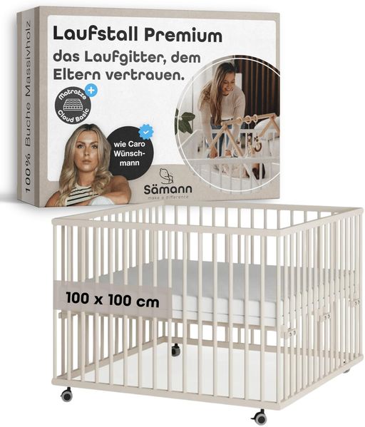 Sämann Laufstall Baby 100x100 cm mit Matratze | TÜV geprüft | stufenlos höhenverstellbar | Laufgitter Premium | Babybett aus Holz | Krabbelgitter sahara dust