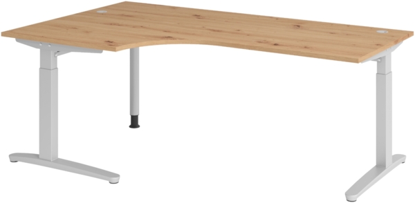 bümö Eckschreibtisch höhenverstellbar 200x120 cm in Asteiche, Metallgestell in silber - Schreibtisch groß, Bürotisch höhenverstellbarer, Büroschreibtisch & Computertisch PC Tisch Büro, X82-R-SS