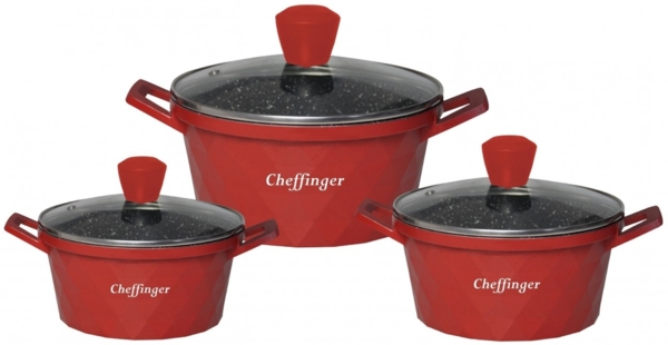 Kochtopf Kasserolle Topf Set 6-tlg rot Glasdeckel Induktion Cheffinger CF-DIAC03