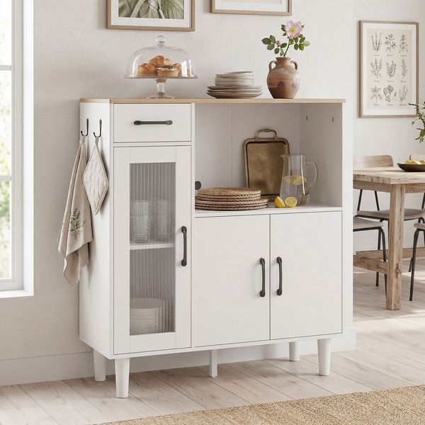 HOMCOM Sideboard mit Schublade, 2 Schränken, Offenem Fach, geriffelter Acrylglastür (Küchenschrank, 1 St, Aufbewahrungsschrank), für Wohnzimmer Weiß+Eiche 80 x 34 x 91 cm