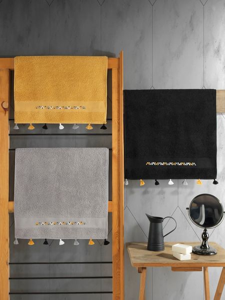 Handtuch-Set (3-teilig), 'Asorti', Schwarz, Senf, Grau