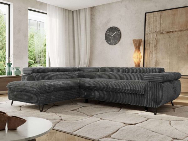 MKS Möbel 'Pablo L-Form' Ecksofa mit Schlaffunktion, verstellbare Kopfstützen, Dunkelgrau, Cordstoff, ohne Topper, Links