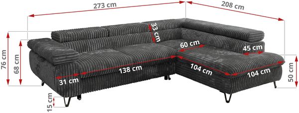 MKS Möbel 'Pablo L-Form' Ecksofa mit Schlaffunktion, verstellbare Kopfstützen, Dunkelgrau, Cordstoff, ohne Topper, Links Bild 6