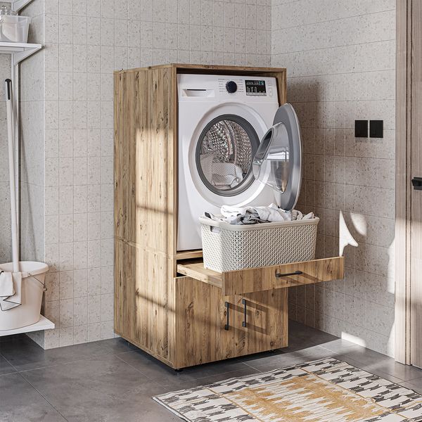 Roomart Waschmaschinenschrank 67 cm – Ausziehbrett, Schublade & Soft-Close Tür | • Eiche