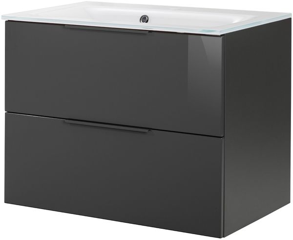FACKELMANN LUNA Waschbecken mit Unterschrank 80 cm breit, Anthrazit, Waschbecken Glas Weiß