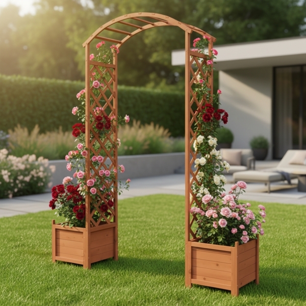 Rosenbogen Braun Rankhilfe Blumenkübel Torbogen Spalier Rankgitter Holz Pergola