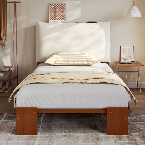 Polsterbett, Einzelbett, Kinderbett, Gepolsterte Ruckenlehne mit Klettverschluss, Stabile Lattenroste, Breitere Bettbeine, Kiefer+Schwamm+Sperrholz, Dunkelbraun, 90x200 cm