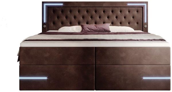Boxspringbett Carlotta mit LED, Stauraum und USB (Samt) 200x200 Braun H3 (70-100kg)