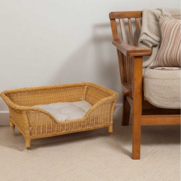 Krines Home Hundekorb Großer Rattan Hundekorb geflochten Hundebett Hund hoch mit Kissen, Rattan Korb, Hundecouch