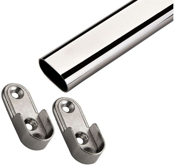 SO-TECH® Garderobenstange Schrankstange oval 30x15 mm Chrom poliert mit Stangenlagern, Set mit Stange 100 cm und 2 Haltern