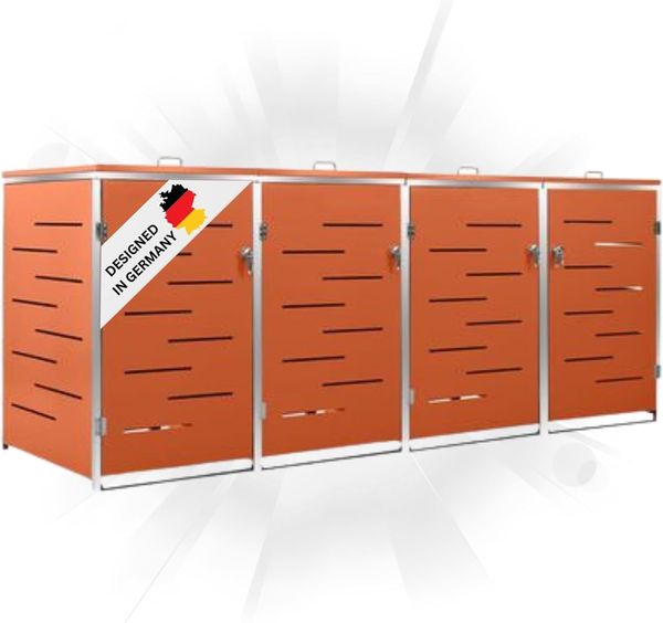 4er Mülltonnenbox JAGU Edelstahl Orange 115,5x276,5x77,5cm Mülltonnenverkleidung für 4 Tonnen 240L Müllbox aus Metall Mülltonnenschutz Mülltonnendach