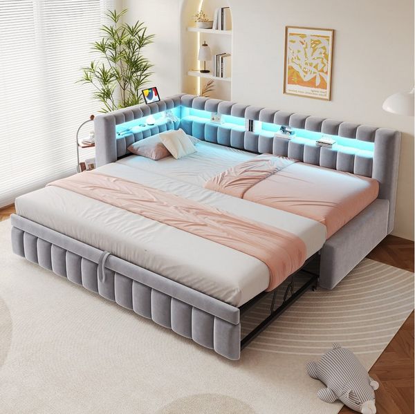 Flieks Daybett, Polsterbett Schlafsofa mit Ausziehbett 90/180x200cm mit LED & Aufladen