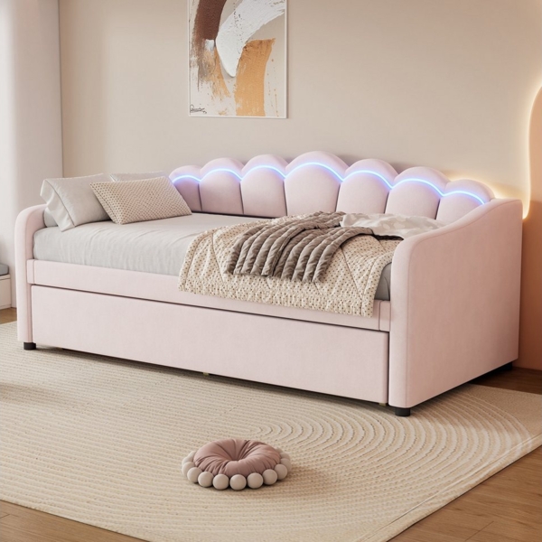 TavilaEcon Daybett Schlafsofa mit ausziehbarem Bett, 90x200cm, Samt, Farbwechselnder LED-Streifen, Rosa Bild 2