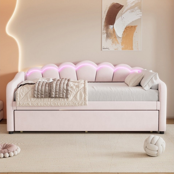 TavilaEcon Daybett Schlafsofa mit ausziehbarem Bett, 90x200cm, Samt, Farbwechselnder LED-Streifen, Rosa Bild 3