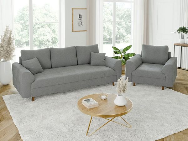 S-Style Möbel Polstergarnitur 3+1 Leif mit Braun Holzfüßen im skandinavischen Stil aus Boucle-Stoff, (1x 3-Sitzer-Sofa, 1x Sessel), mit Wellenfederung