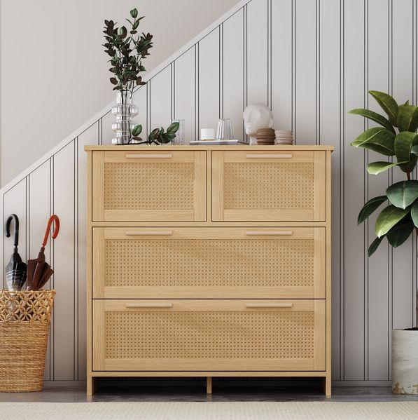 Kommode, 80x38x80 cm, Kommode in Naturholzoptik mit 4 Rattanschubladen & Kippsicherung
