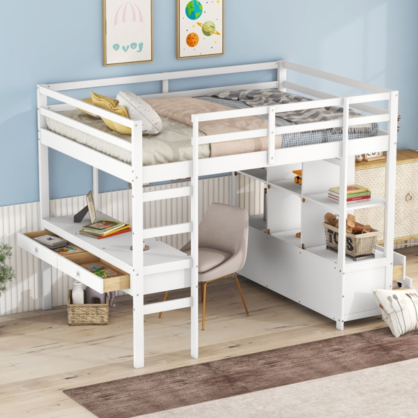 Merax Hochbett Kiefer Kinderbett mit Schreibtisch & Stauraumregal 140x200cm, weiß Bild 3