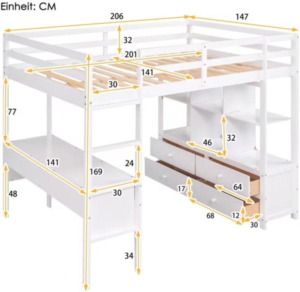 Merax Hochbett Kiefer Kinderbett mit Schreibtisch & Stauraumregal 140x200cm, weiß Bild 4