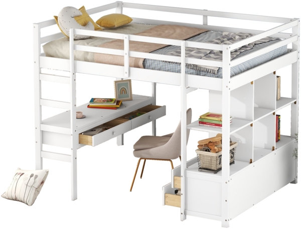 Merax Hochbett Kiefer Kinderbett mit Schreibtisch & Stauraumregal 140x200cm, weiß Bild 10