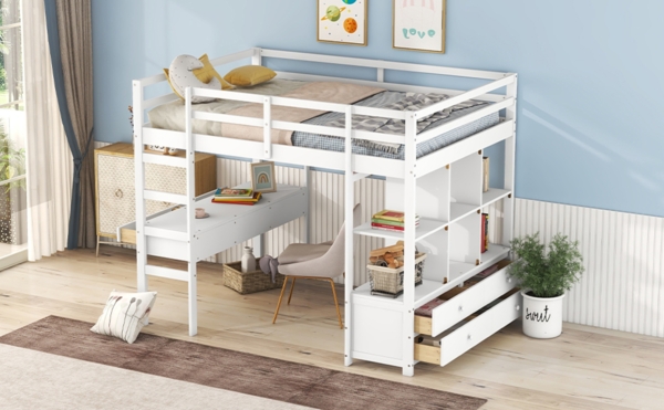 Merax Hochbett Kiefer Kinderbett mit Schreibtisch & Stauraumregal 140x200cm, weiß Bild 7