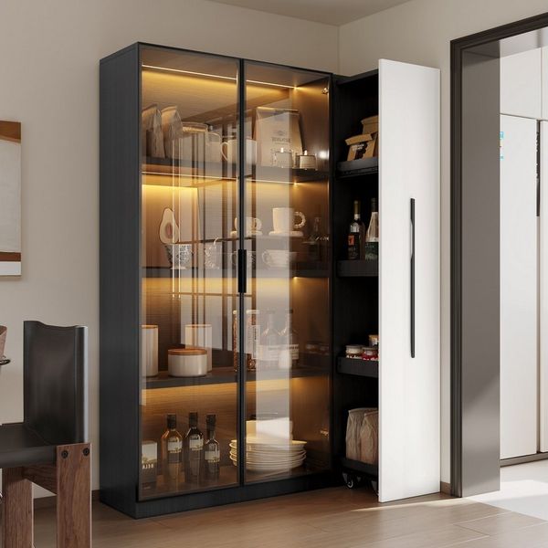 Flieks Glasvitrine Multifunktionsschrank mit LED, Glastüren und großen Seitenschubladen (Maße: B110,5/T35/H160 cm, 1-St, Schrank für Wohnzimmer, Schlafzimmer, Arbeitszimmer und Esszimmer) Hochschrank mit Rollregal Bücherregal Standvitrine Schwarz&Weiß