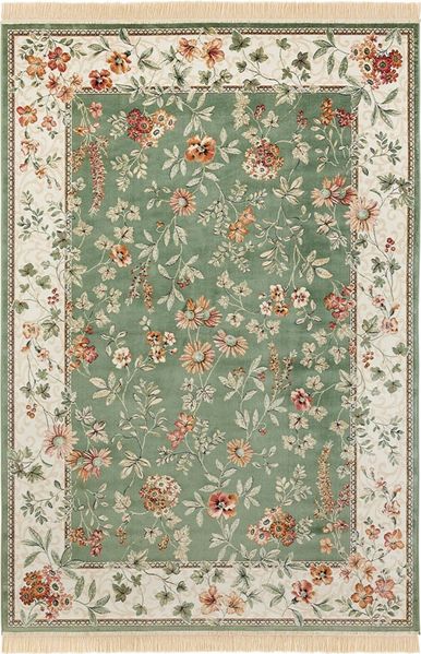 Orientalischer Samt-Teppich Fransen Oriental Flowers Grün - 195x300x0,5cm