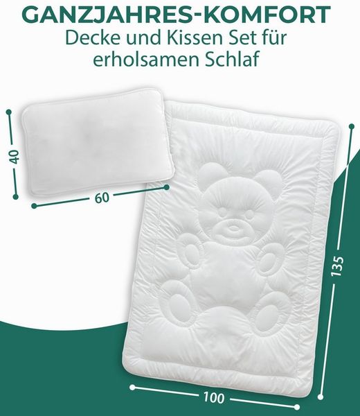 KNERST Kinderbettdecke + Microfaserkissen Kinder Bettdecken für kuschelig, weiche Träume, Füllung: 100% Polyester, Hautfreundlich, für Allergiker geeignet, waschbar bis 60 grad
